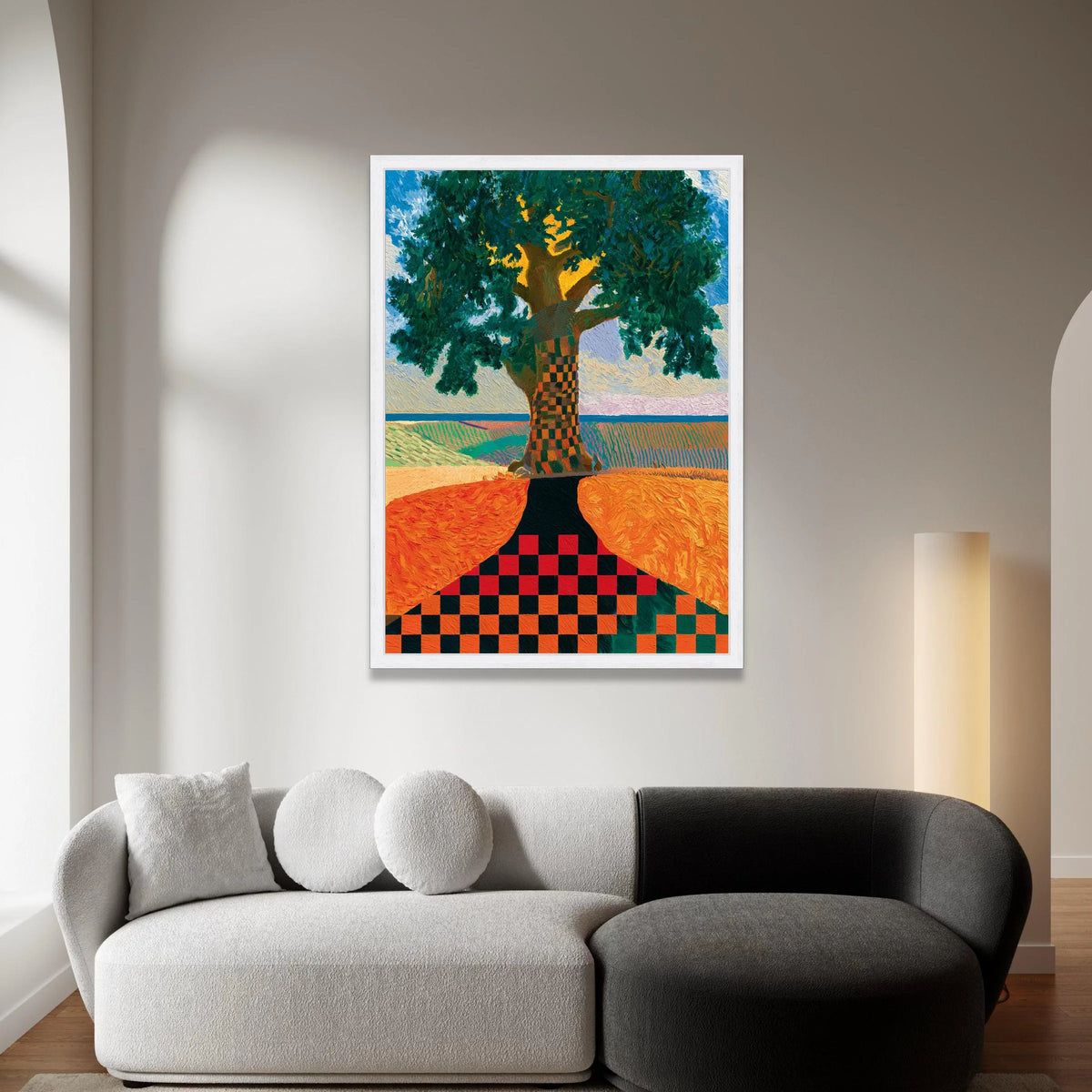 David Hockney Style Tree Canvas Wall Art, Checkerboard Trunk Landscape, Modern Colorful Nature Painting, Home Decoration Canvas Print Art