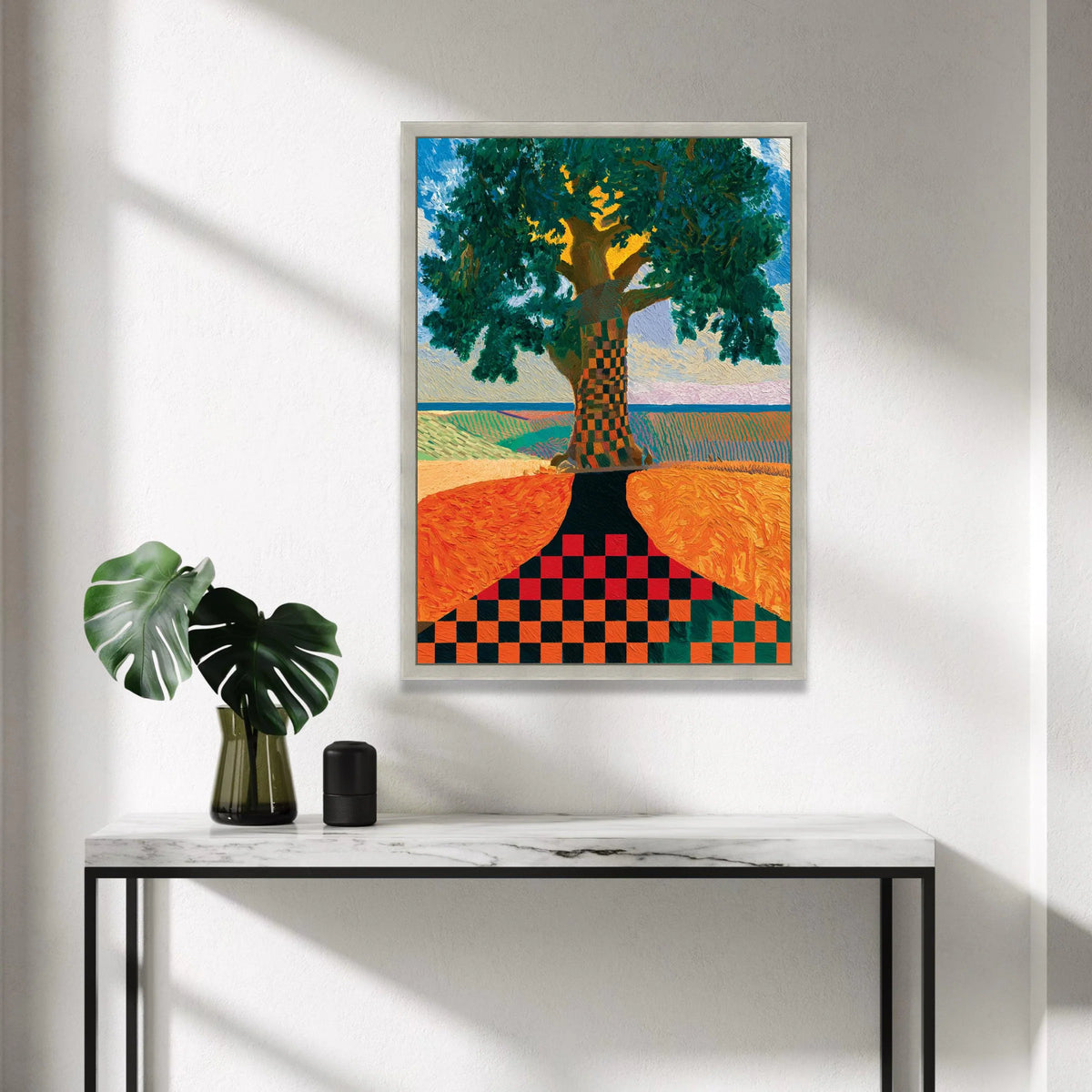 David Hockney Style Tree Canvas Wall Art, Checkerboard Trunk Landscape, Modern Colorful Nature Painting, Home Decoration Canvas Print Art
