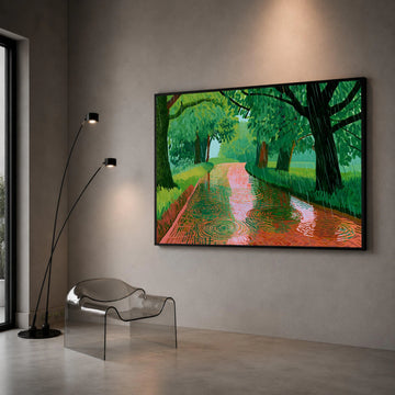 David Hockney Style Rainy Woodland Path Canvas, Modern Landscape Wall Art, Bold Color Nature Scene, Contemporary Green Tree Canvas Print Art