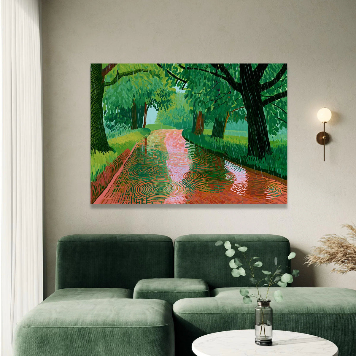 David Hockney Style Rainy Woodland Path Canvas, Modern Landscape Wall Art, Bold Color Nature Scene, Contemporary Green Tree Canvas Print Art