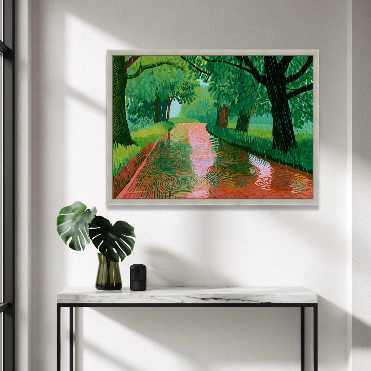 David Hockney Style Rainy Woodland Path Canvas, Modern Landscape Wall Art, Bold Color Nature Scene, Contemporary Green Tree Canvas Print Art