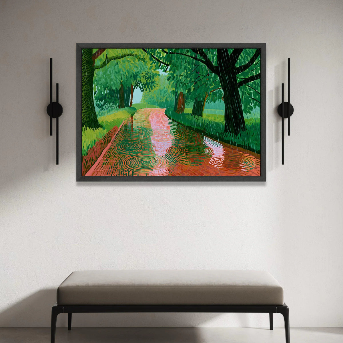 David Hockney Style Rainy Woodland Path Canvas, Modern Landscape Wall Art, Bold Color Nature Scene, Contemporary Green Tree Canvas Print Art