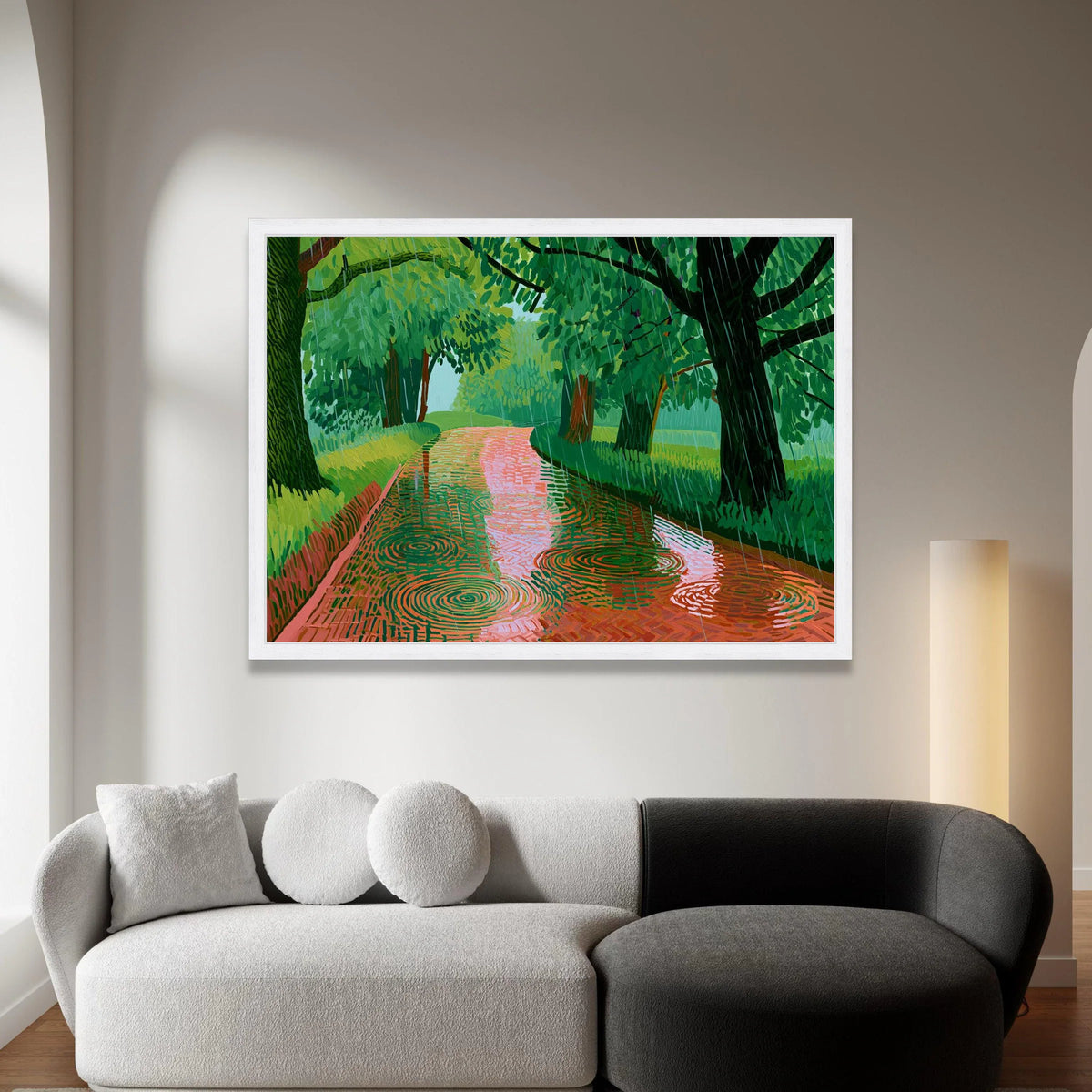 David Hockney Style Rainy Woodland Path Canvas, Modern Landscape Wall Art, Bold Color Nature Scene, Contemporary Green Tree Canvas Print Art