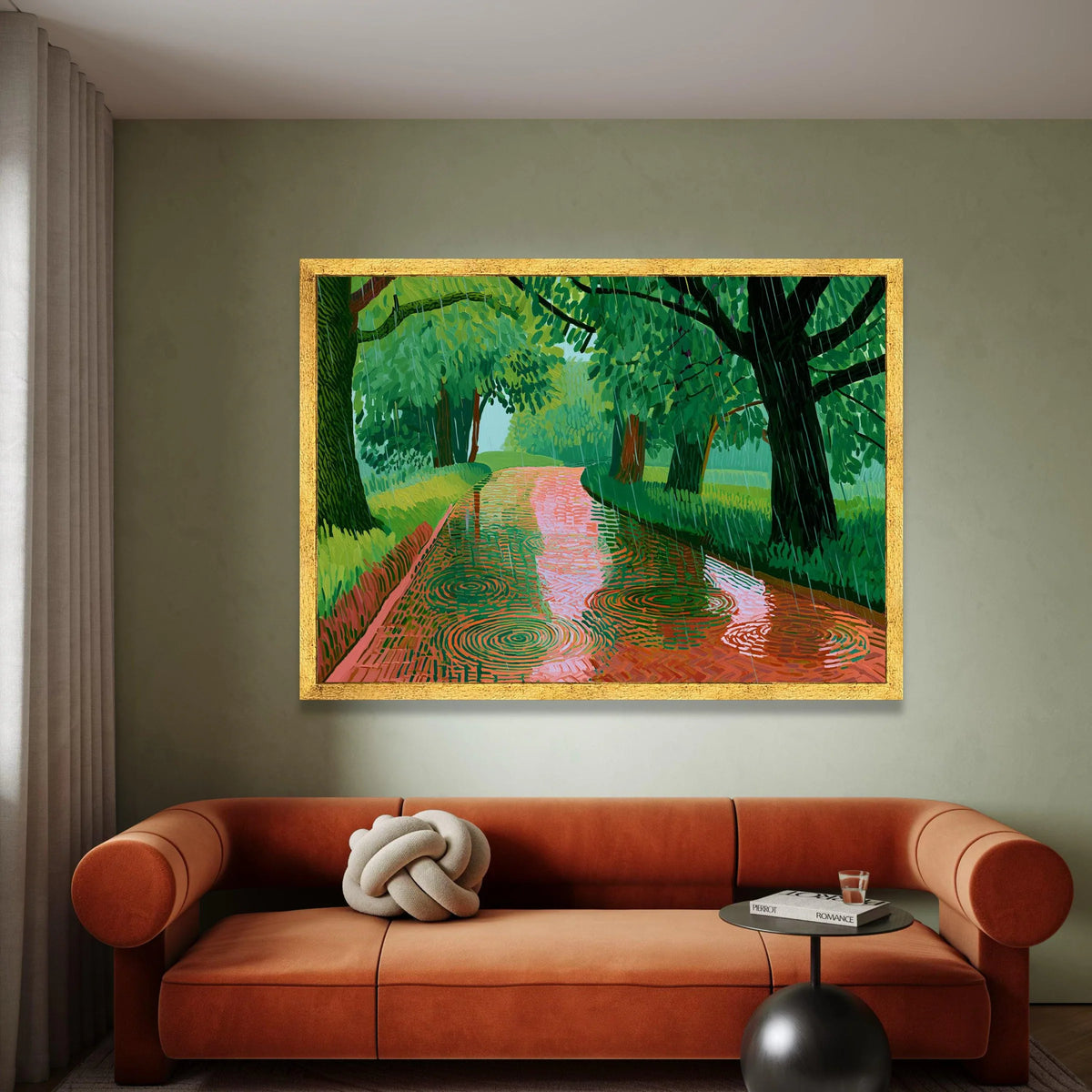 David Hockney Style Rainy Woodland Path Canvas, Modern Landscape Wall Art, Bold Color Nature Scene, Contemporary Green Tree Canvas Print Art