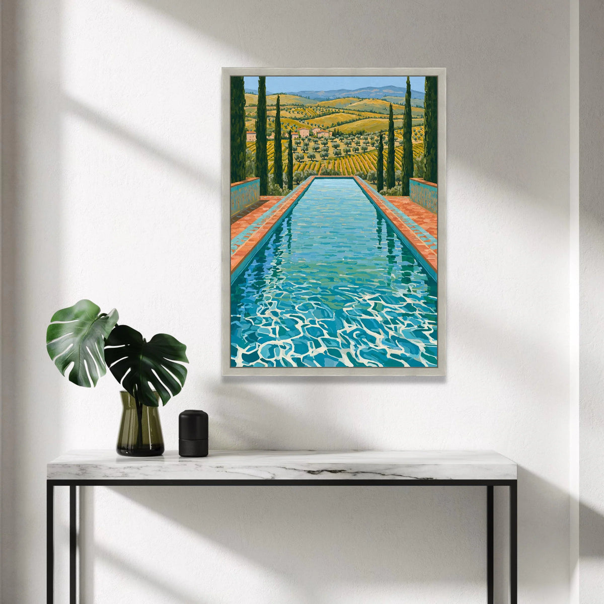 David Hockney Style Swimming Pool Landscape Canvas, Modern Pop Art Wall Decoration, Vibrant Italian Countryside View Canvas Canvas Print Art