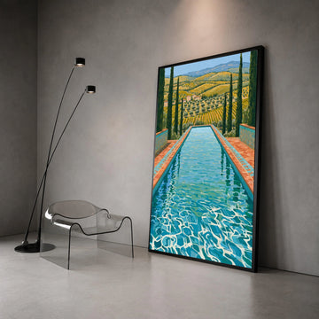 David Hockney Style Swimming Pool Landscape Canvas, Modern Pop Art Wall Decoration, Vibrant Italian Countryside View Canvas Canvas Print Art