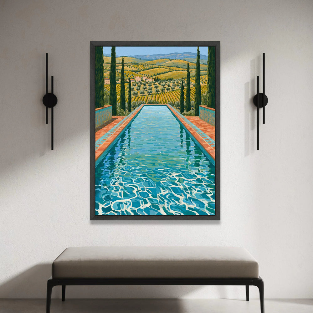 David Hockney Style Swimming Pool Landscape Canvas, Modern Pop Art Wall Decoration, Vibrant Italian Countryside View Canvas Canvas Print Art