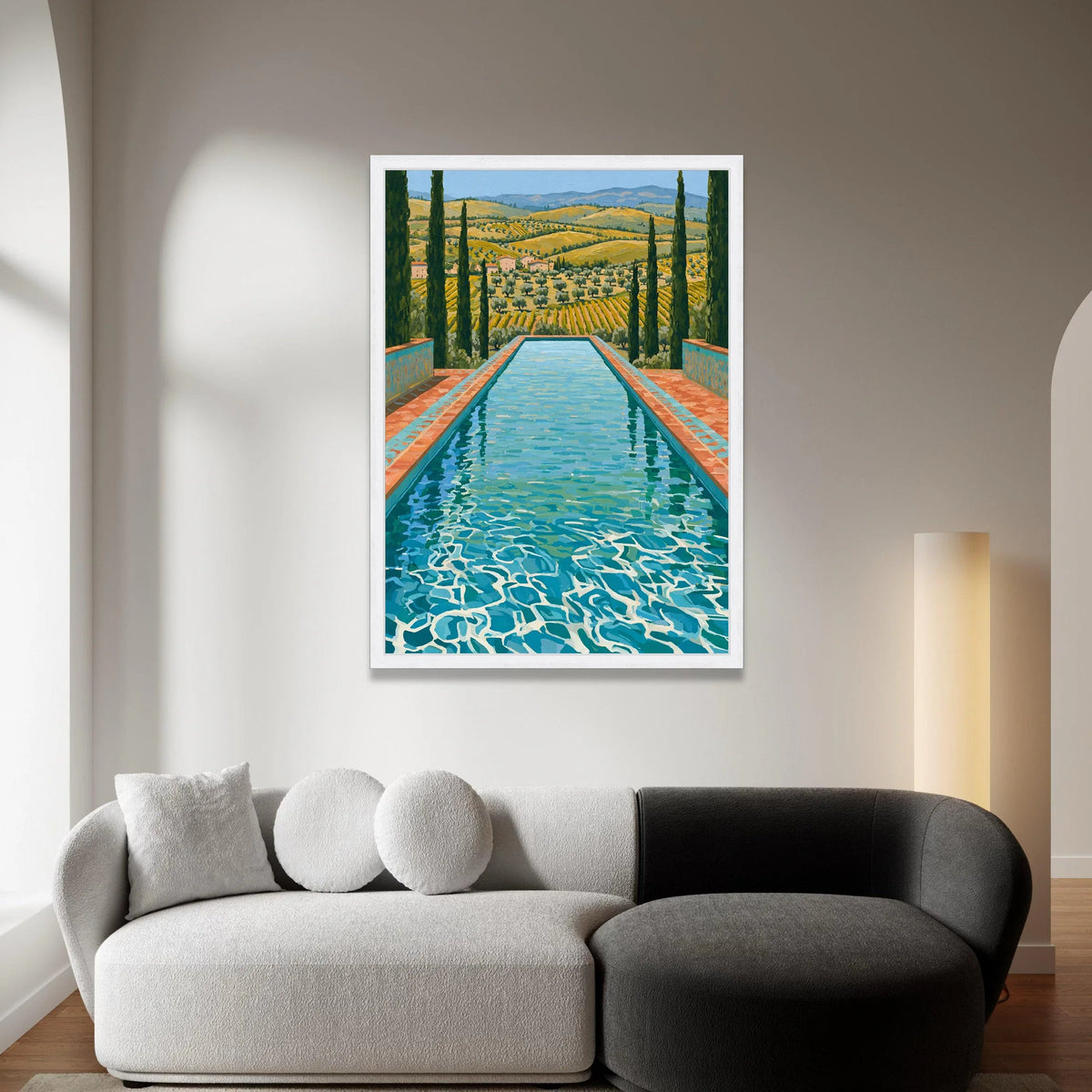 David Hockney Style Swimming Pool Landscape Canvas, Modern Pop Art Wall Decoration, Vibrant Italian Countryside View Canvas Canvas Print Art