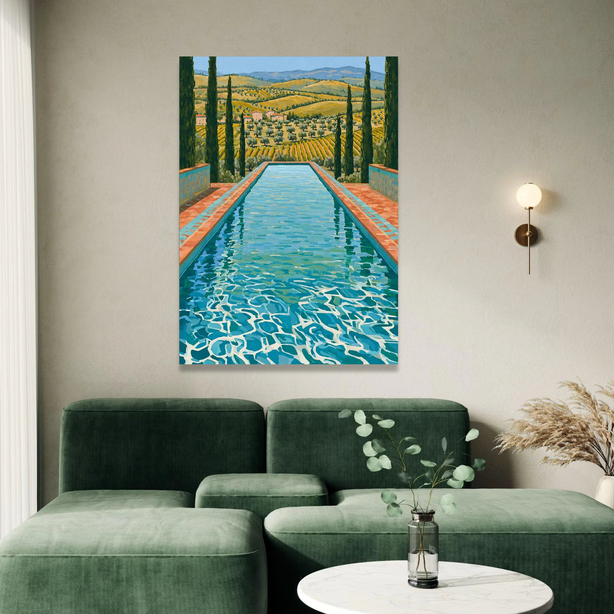 David Hockney Style Swimming Pool Landscape Canvas, Modern Pop Art Wall Decoration, Vibrant Italian Countryside View Canvas Canvas Print Art