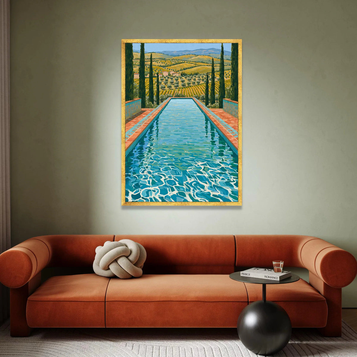 David Hockney Style Swimming Pool Landscape Canvas, Modern Pop Art Wall Decoration, Vibrant Italian Countryside View Canvas Canvas Print Art