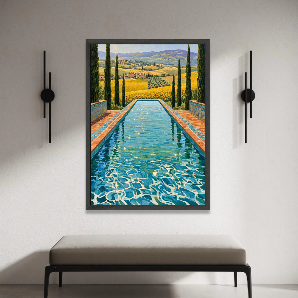 David Hockney Style Infinity Pool Canvas, Sunlit Water Reflection Wall Art, Vibrant Landscape Painting, Modern Art for Home Canvas Print Art