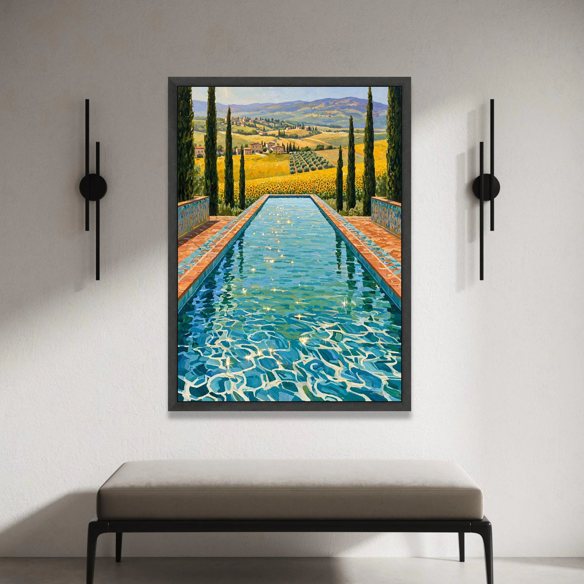 David Hockney Style Infinity Pool Canvas, Sunlit Water Reflection Wall Art, Vibrant Landscape Painting, Modern Art for Home Canvas Print Art