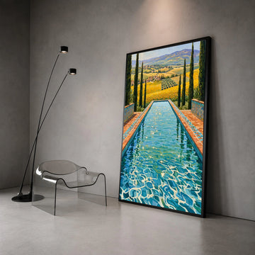 David Hockney Style Infinity Pool Canvas, Sunlit Water Reflection Wall Art, Vibrant Landscape Painting, Modern Art for Home Canvas Print Art