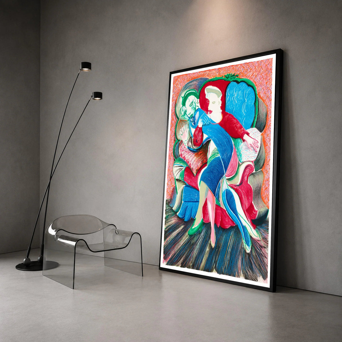 David Hockney Style Abstract Couple Embrace Canvas Wall Art, Colorful Modern Expressionist Illustration, Contemporary Art Canvas Print Art