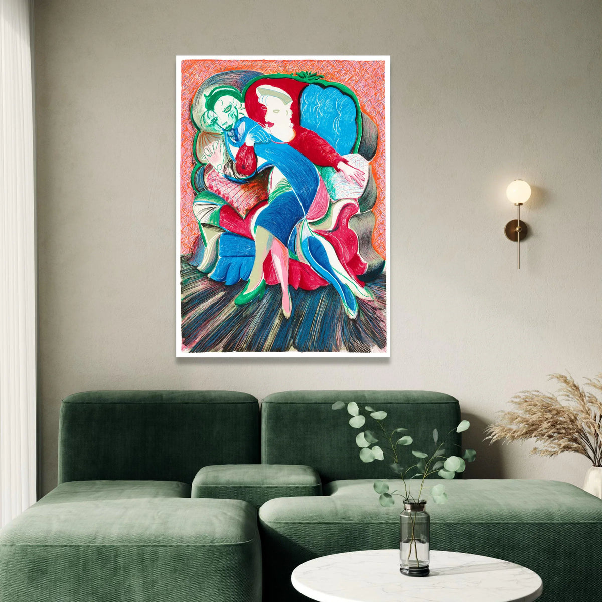 David Hockney Style Abstract Couple Embrace Canvas Wall Art, Colorful Modern Expressionist Illustration, Contemporary Art Canvas Print Art