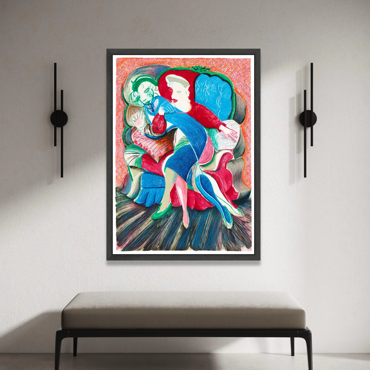 David Hockney Style Abstract Couple Embrace Canvas Wall Art, Colorful Modern Expressionist Illustration, Contemporary Art Canvas Print Art