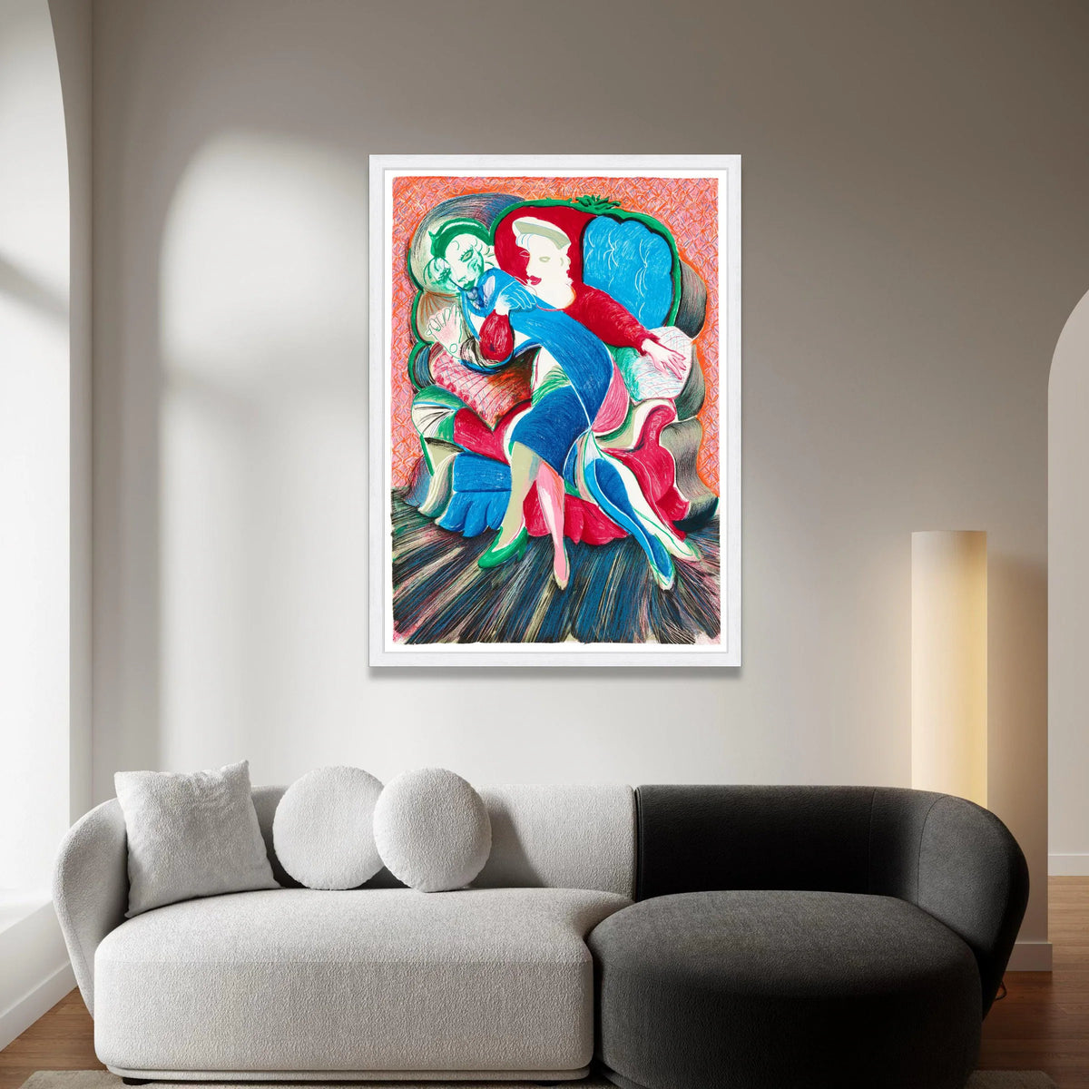 David Hockney Style Abstract Couple Embrace Canvas Wall Art, Colorful Modern Expressionist Illustration, Contemporary Art Canvas Print Art