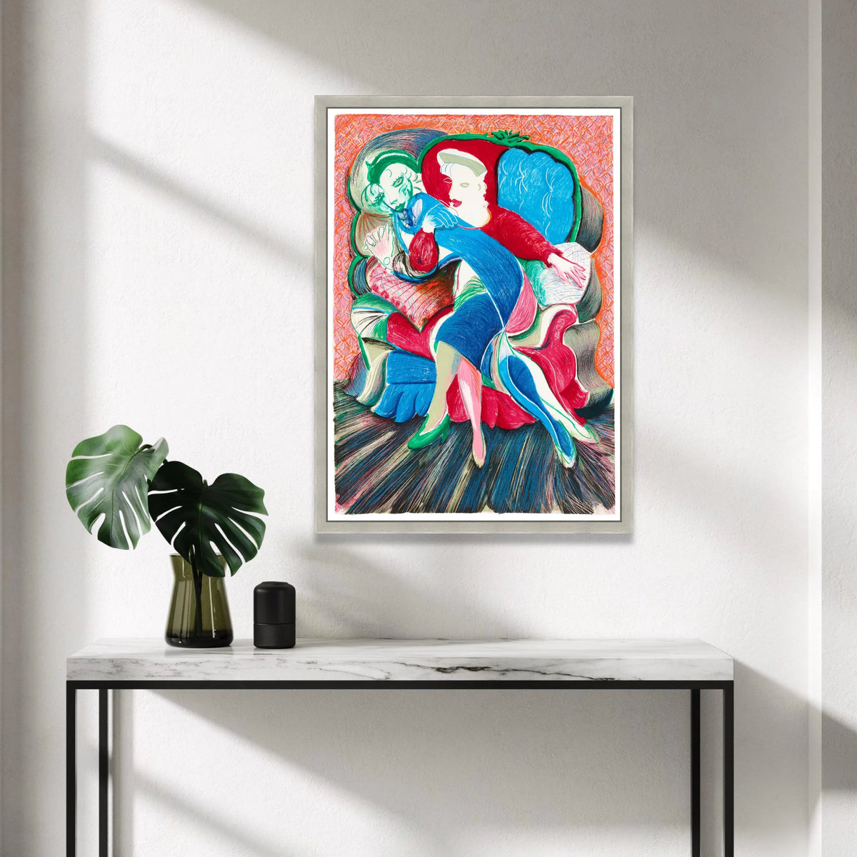 David Hockney Style Abstract Couple Embrace Canvas Wall Art, Colorful Modern Expressionist Illustration, Contemporary Art Canvas Print Art