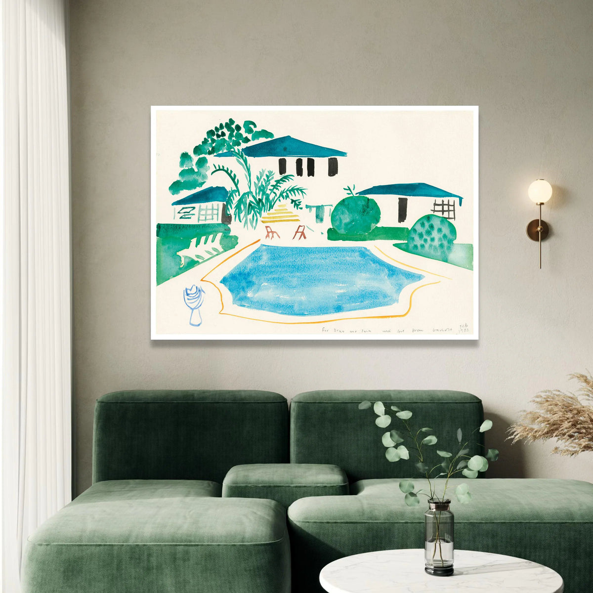 David Hockney Style Poolside Scene Canvas, Modern Minimalist Home Decor, Abstract Watercolor Garden Wall Art, Contemporary Canvas Print Art
