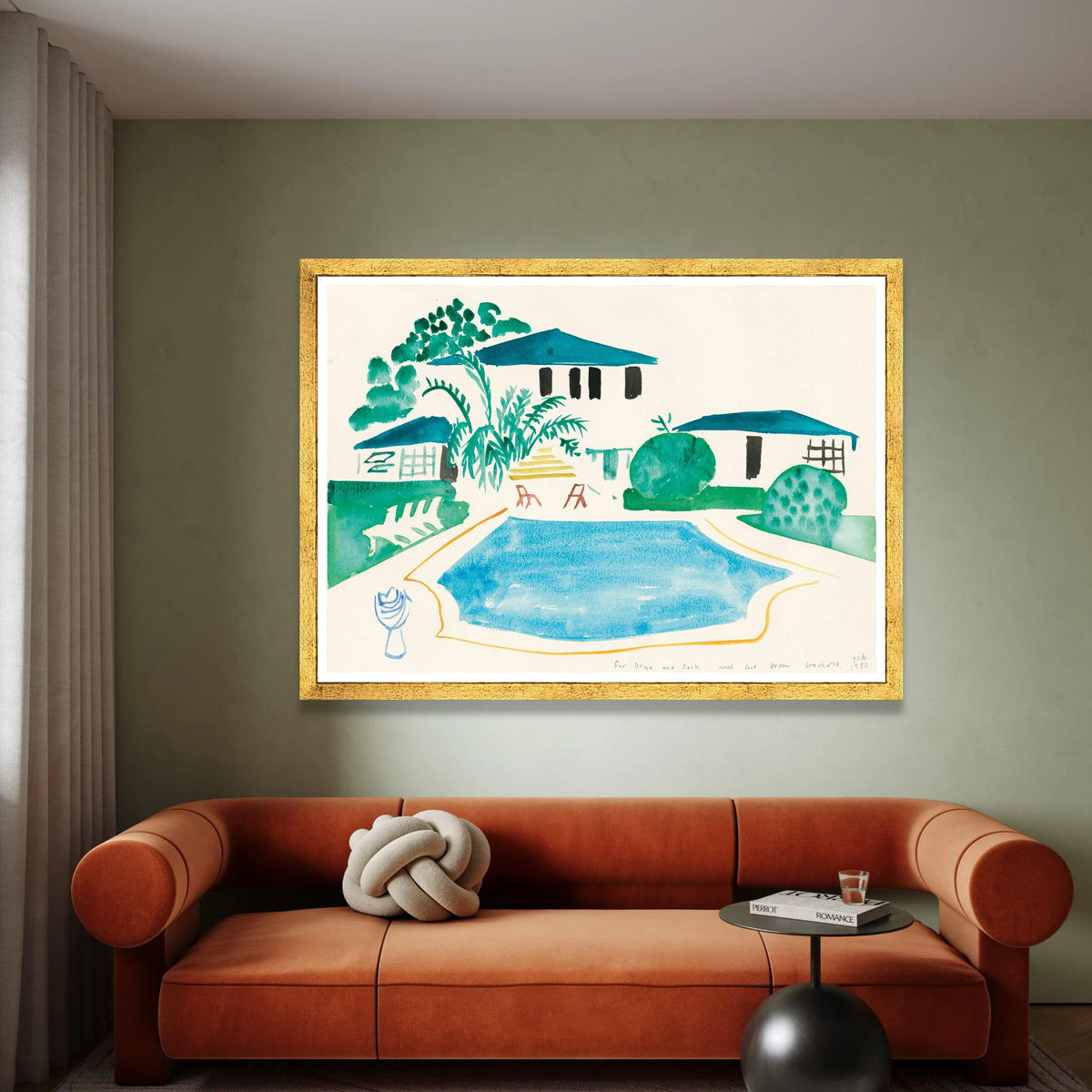 David Hockney Style Poolside Scene Canvas, Modern Minimalist Home Decor, Abstract Watercolor Garden Wall Art, Contemporary Canvas Print Art