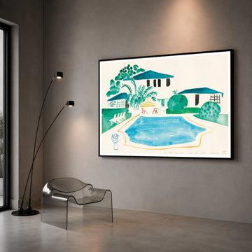 David Hockney Style Poolside Scene Canvas, Modern Minimalist Home Decor, Abstract Watercolor Garden Wall Art, Contemporary Canvas Print Art