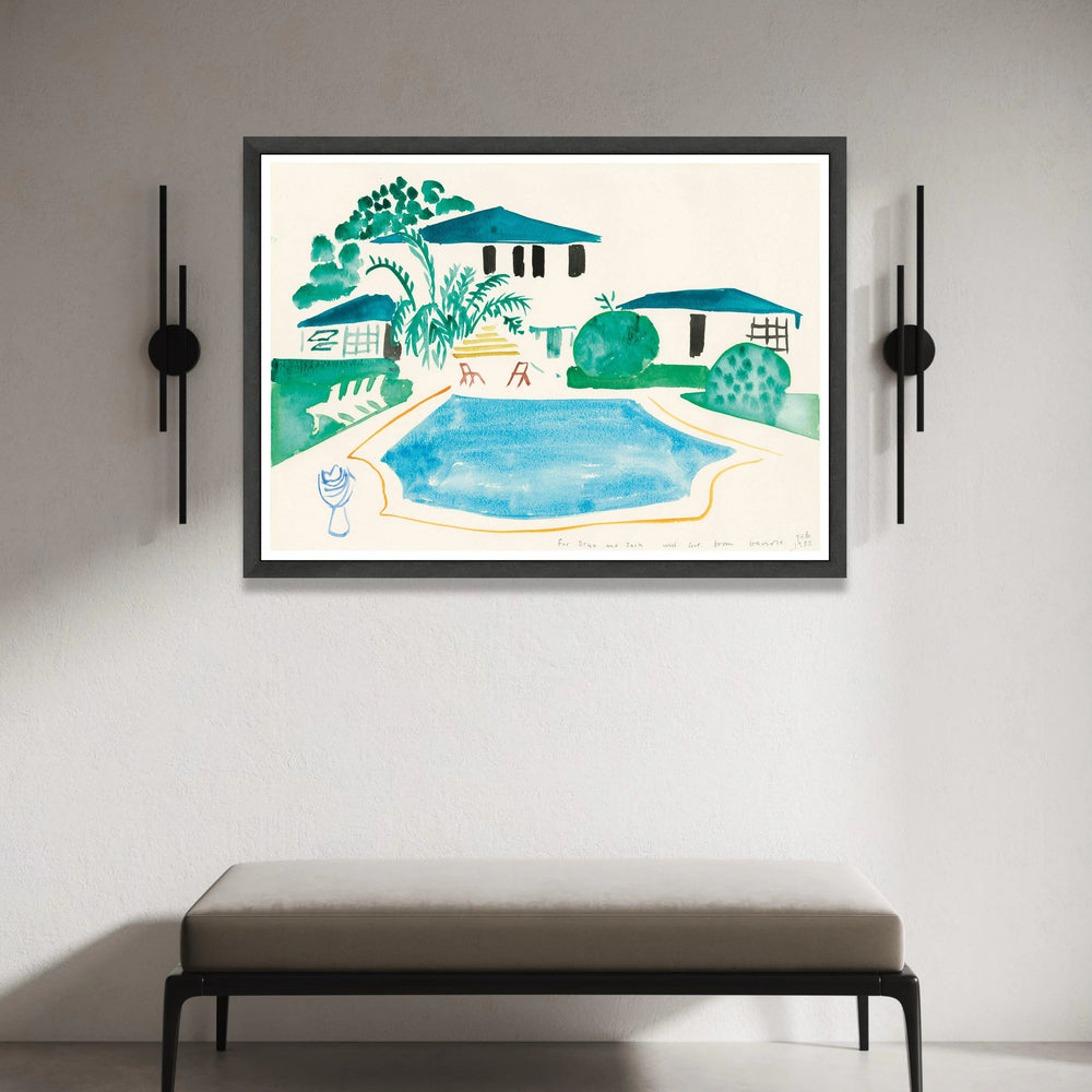 David Hockney Style Poolside Scene Canvas, Modern Minimalist Home Decor, Abstract Watercolor Garden Wall Art, Contemporary Canvas Print Art