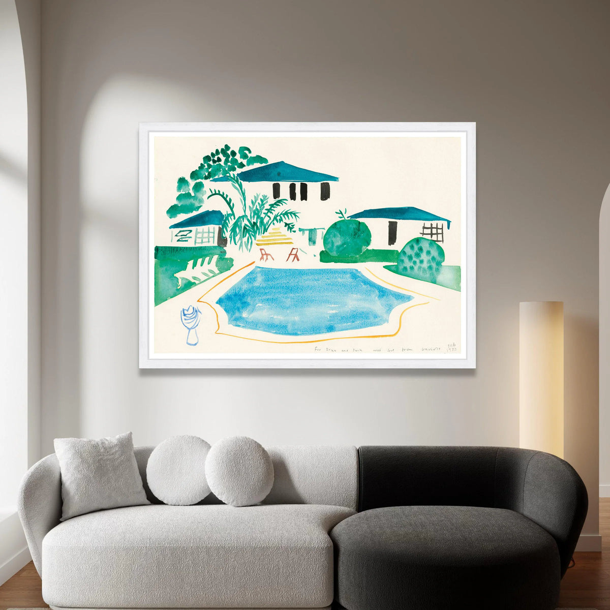 David Hockney Style Poolside Scene Canvas, Modern Minimalist Home Decor, Abstract Watercolor Garden Wall Art, Contemporary Canvas Print Art