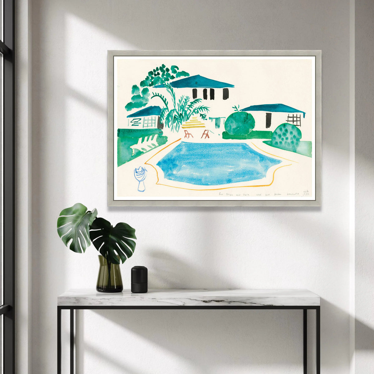 David Hockney Style Poolside Scene Canvas, Modern Minimalist Home Decor, Abstract Watercolor Garden Wall Art, Contemporary Canvas Print Art