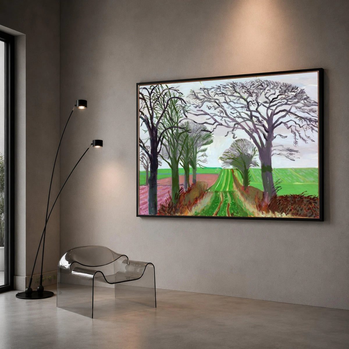 David Hockney Landscape Canvas Wall Art, Tree Lined Country Road, Modern Abstract Nature Painting, Vibrant Green Field Canvas Print Art