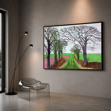 David Hockney Landscape Canvas Wall Art, Tree Lined Country Road, Modern Abstract Nature Painting, Vibrant Green Field Canvas Print Art