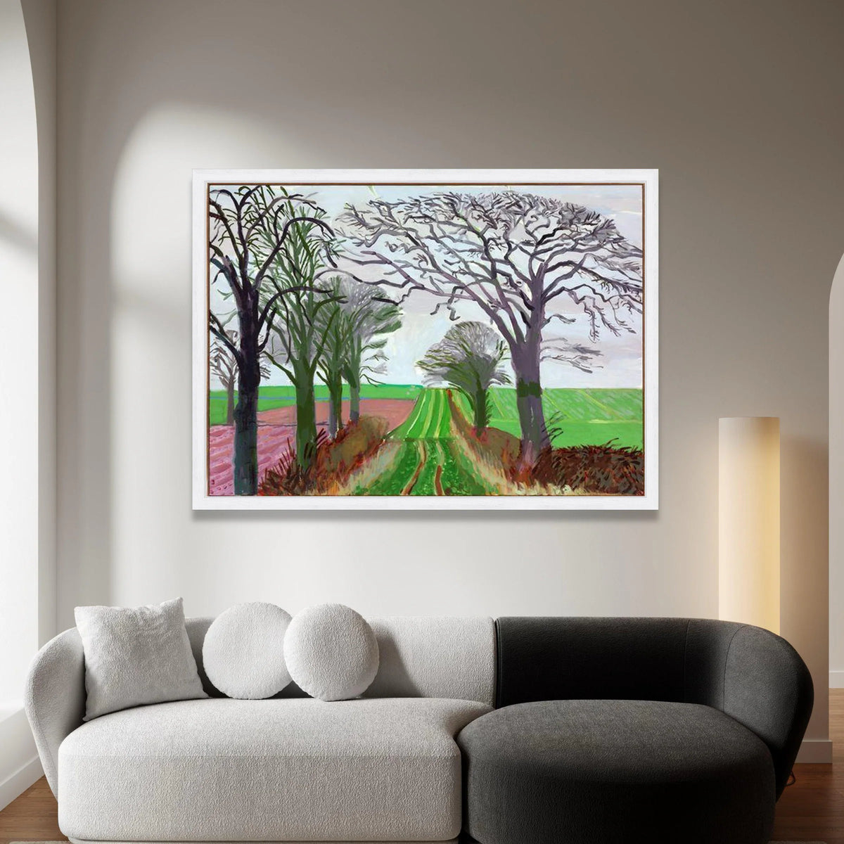 David Hockney Landscape Canvas Wall Art, Tree Lined Country Road, Modern Abstract Nature Painting, Vibrant Green Field Canvas Print Art