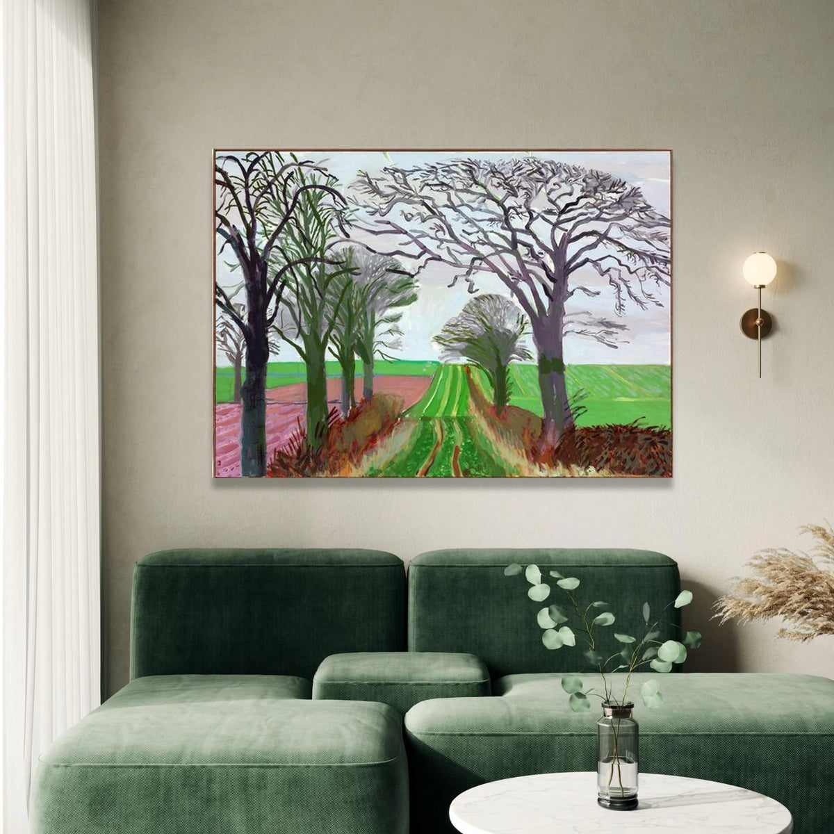 David Hockney Landscape Canvas Wall Art, Tree Lined Country Road, Modern Abstract Nature Painting, Vibrant Green Field Canvas Print Art