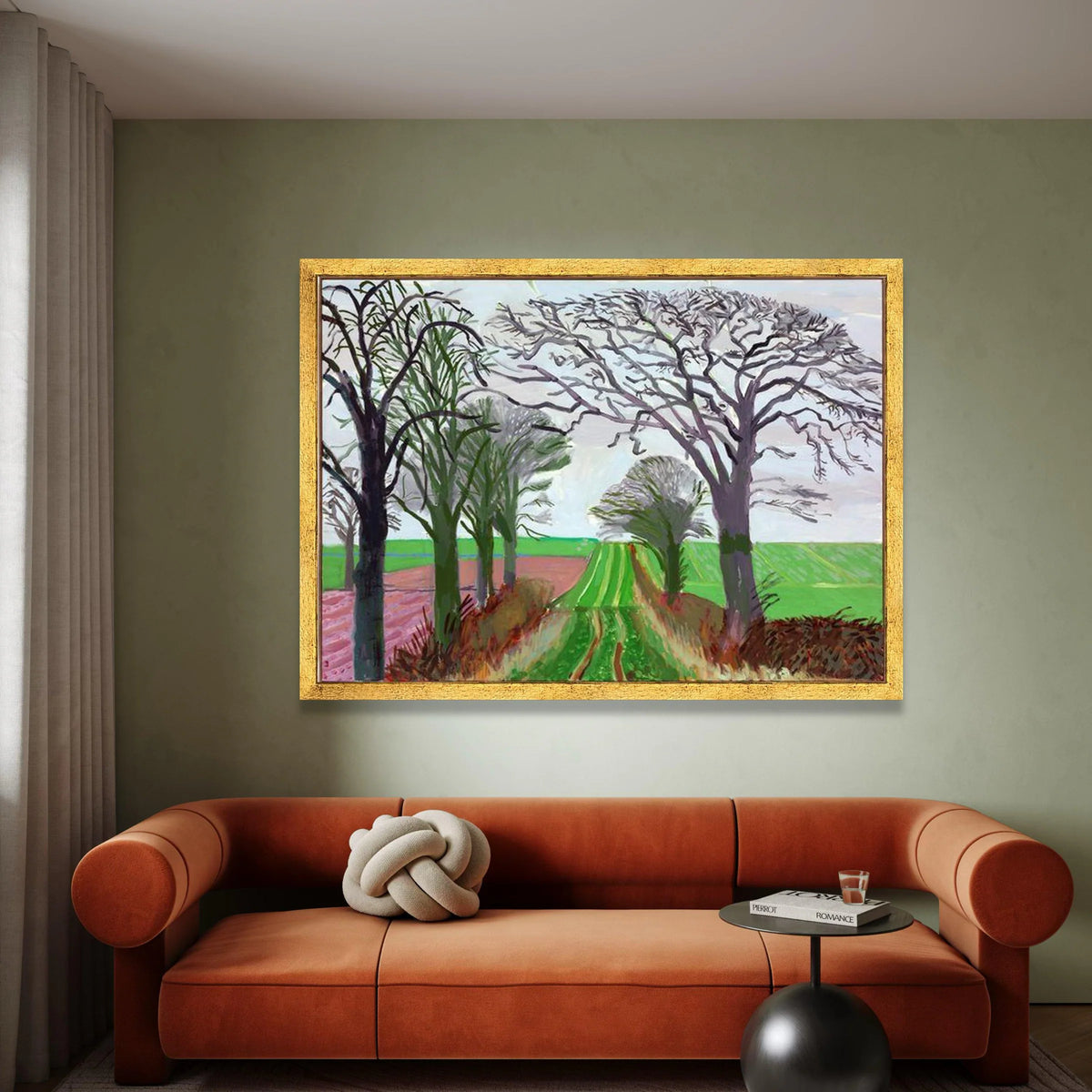 David Hockney Landscape Canvas Wall Art, Tree Lined Country Road, Modern Abstract Nature Painting, Vibrant Green Field Canvas Print Art
