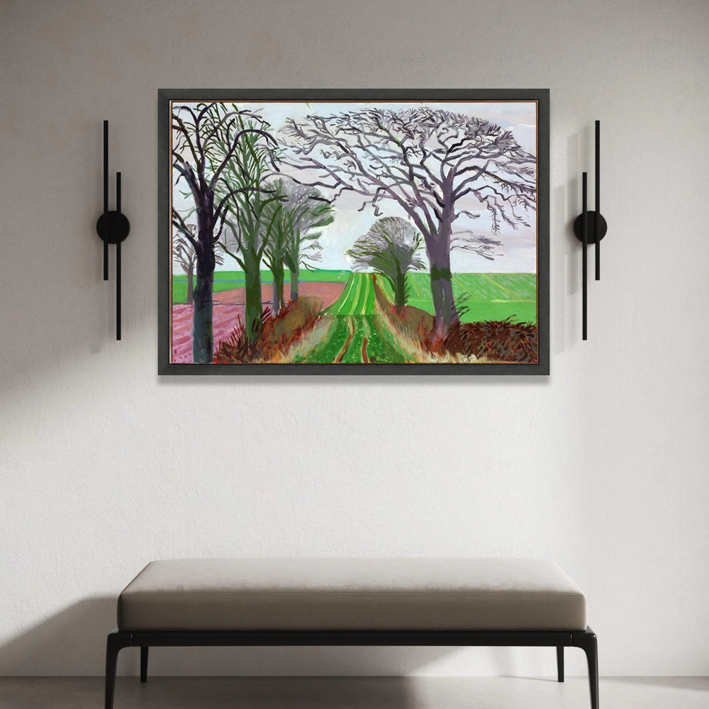 David Hockney Landscape Canvas Wall Art, Tree Lined Country Road, Modern Abstract Nature Painting, Vibrant Green Field Canvas Print Art