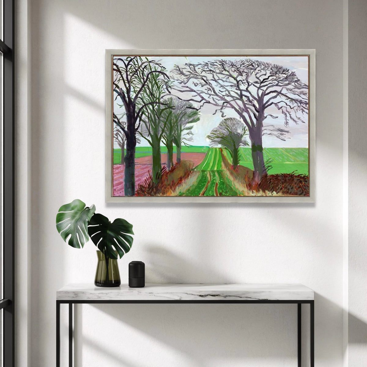 David Hockney Landscape Canvas Wall Art, Tree Lined Country Road, Modern Abstract Nature Painting, Vibrant Green Field Canvas Print Art