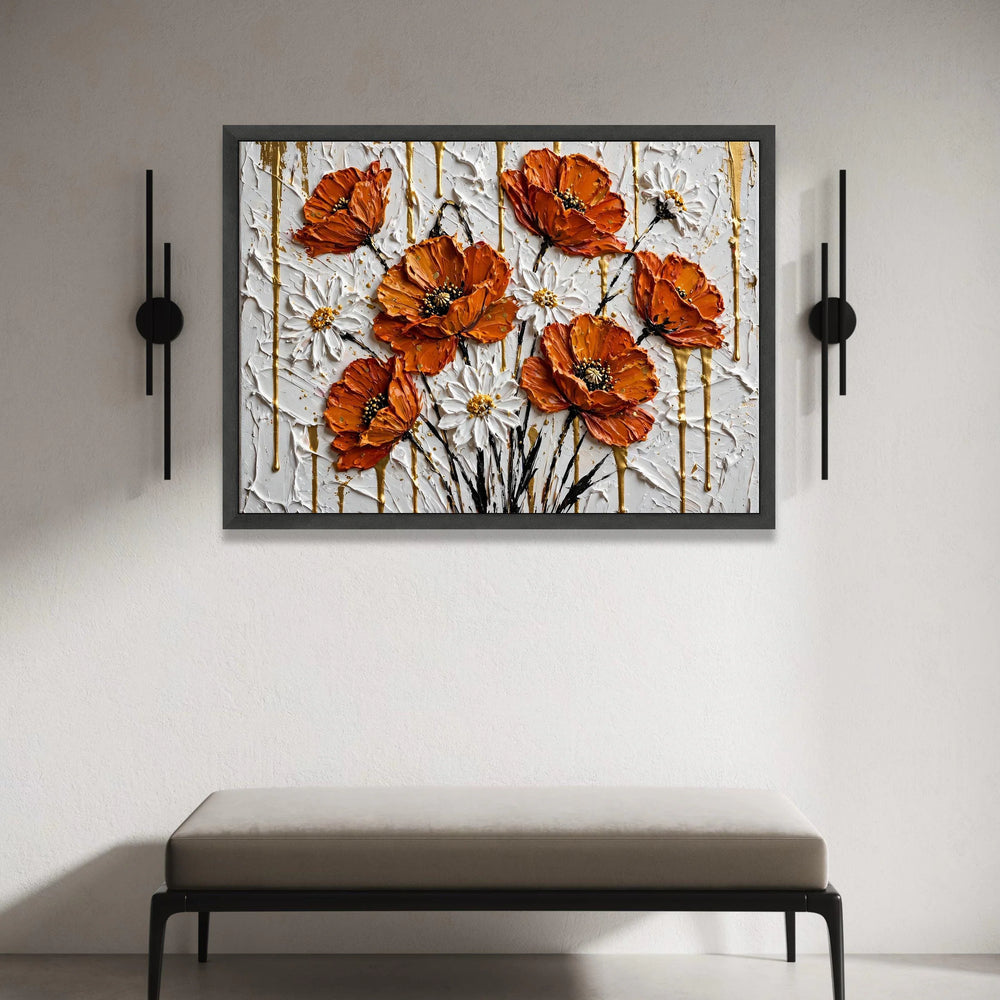 Vibrant Orange Poppies and White Daisies Canvas, Floral Wall Art, Modern Flower Bouquet Painting, Home Decoration Canvas, Canvas Print Art