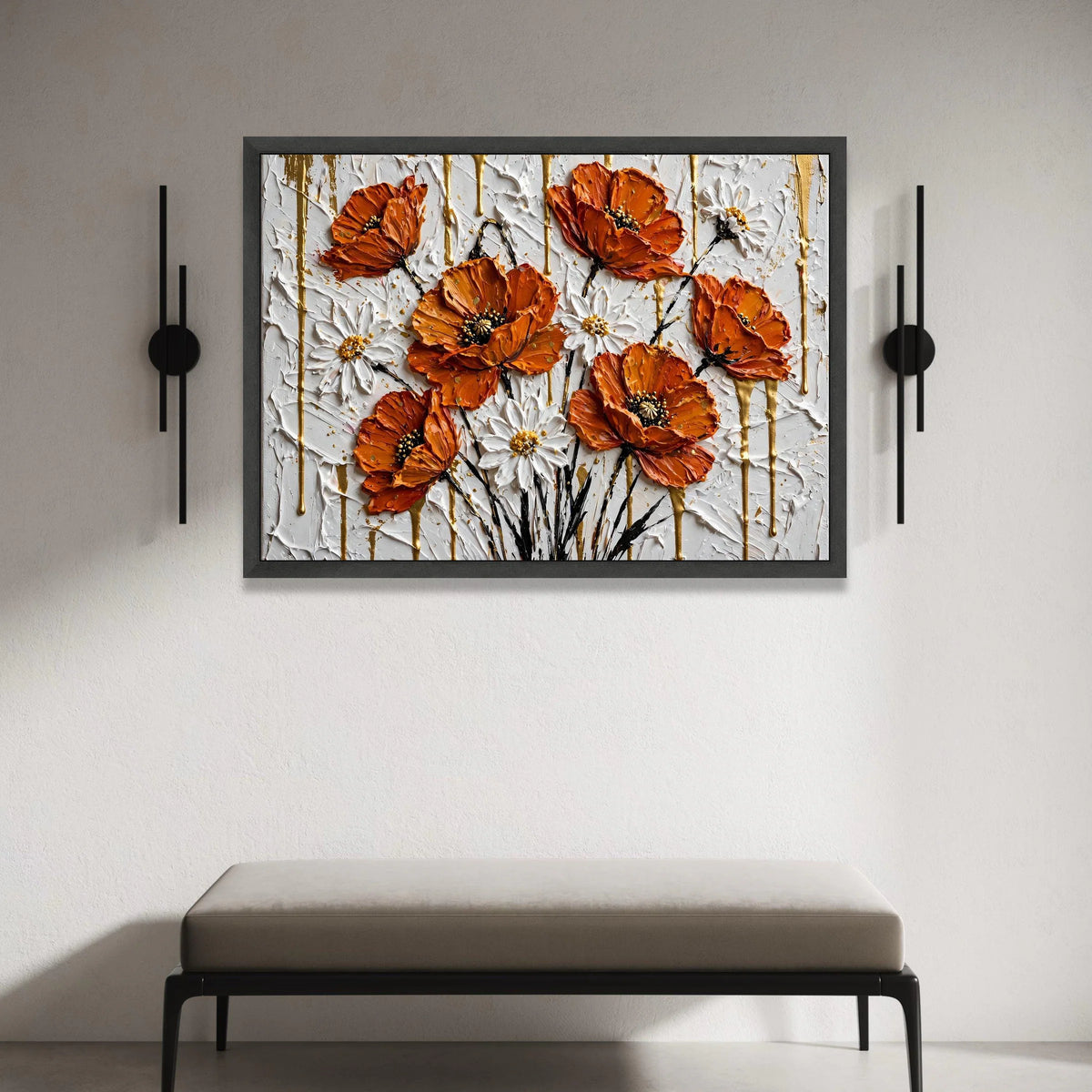 Vibrant Orange Poppies and White Daisies Canvas, Floral Wall Art, Modern Flower Bouquet Painting, Home Decoration Canvas, Canvas Print Art
