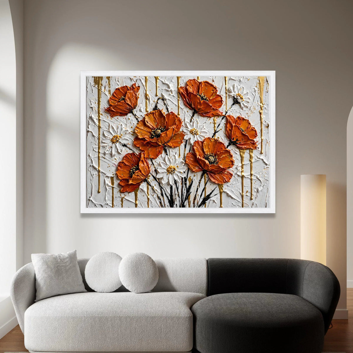 Vibrant Orange Poppies and White Daisies Canvas, Floral Wall Art, Modern Flower Bouquet Painting, Home Decoration Canvas, Canvas Print Art