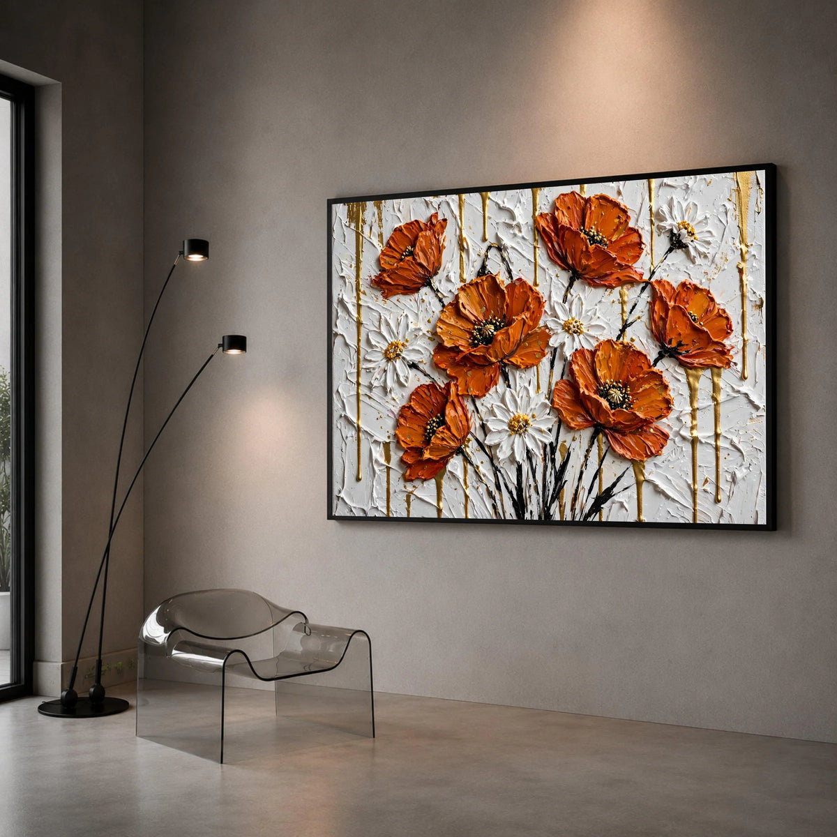 Vibrant Orange Poppies and White Daisies Canvas, Floral Wall Art, Modern Flower Bouquet Painting, Home Decoration Canvas, Canvas Print Art