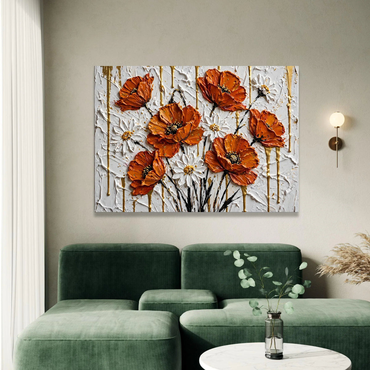 Vibrant Orange Poppies and White Daisies Canvas, Floral Wall Art, Modern Flower Bouquet Painting, Home Decoration Canvas, Canvas Print Art