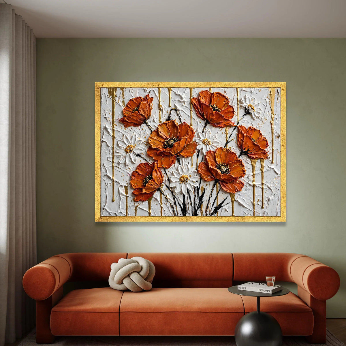 Vibrant Orange Poppies and White Daisies Canvas, Floral Wall Art, Modern Flower Bouquet Painting, Home Decoration Canvas, Canvas Print Art