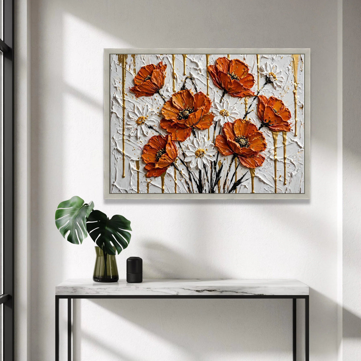 Vibrant Orange Poppies and White Daisies Canvas, Floral Wall Art, Modern Flower Bouquet Painting, Home Decoration Canvas, Canvas Print Art