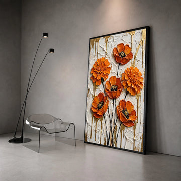 Vibrant Orange Floral Canvas Wall Art, Abstract Flower Painting, Modern Home Decoration, Bold Botanical Design, Ready to Canvas Print Art