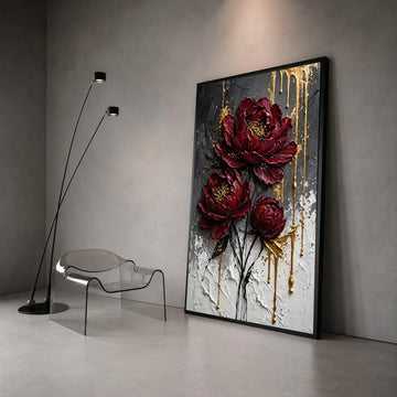 Deep Red Peony Canvas Wall Art, Modern Floral Painting, Elegant Botanical Canvas, Abstract Flower Decoration, Ready to Hang Canvas Print Art