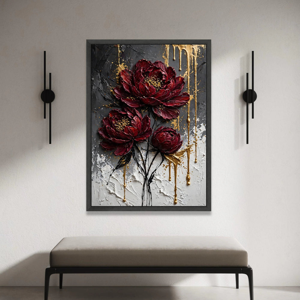 Deep Red Peony Canvas Wall Art, Modern Floral Painting, Elegant Botanical Canvas, Abstract Flower Decoration, Ready to Hang Canvas Print Art