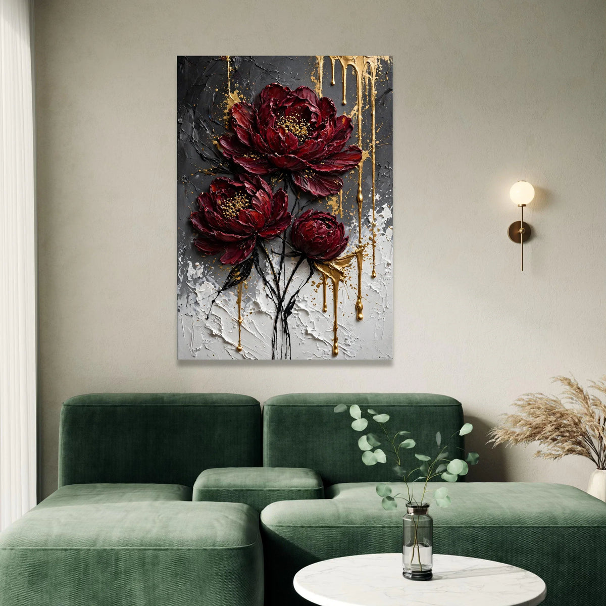 Deep Red Peony Canvas Wall Art, Modern Floral Painting, Elegant Botanical Canvas, Abstract Flower Decoration, Ready to Hang Canvas Print Art