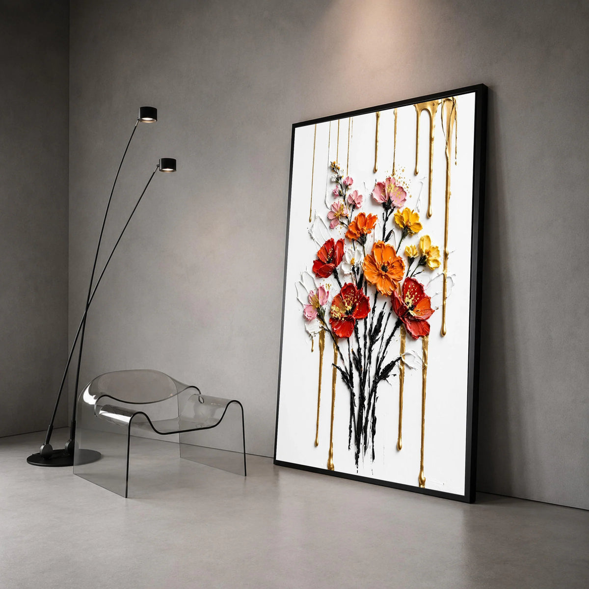 Vibrant Floral Bouquet Canvas Wall Art, Colorful Flowers with Gold Drips, Contemporary Home Decoration, Bright Flower Canvas Print Art