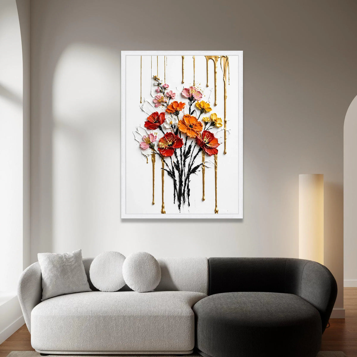 Vibrant Floral Bouquet Canvas Wall Art, Colorful Flowers with Gold Drips, Contemporary Home Decoration, Bright Flower Canvas Print Art