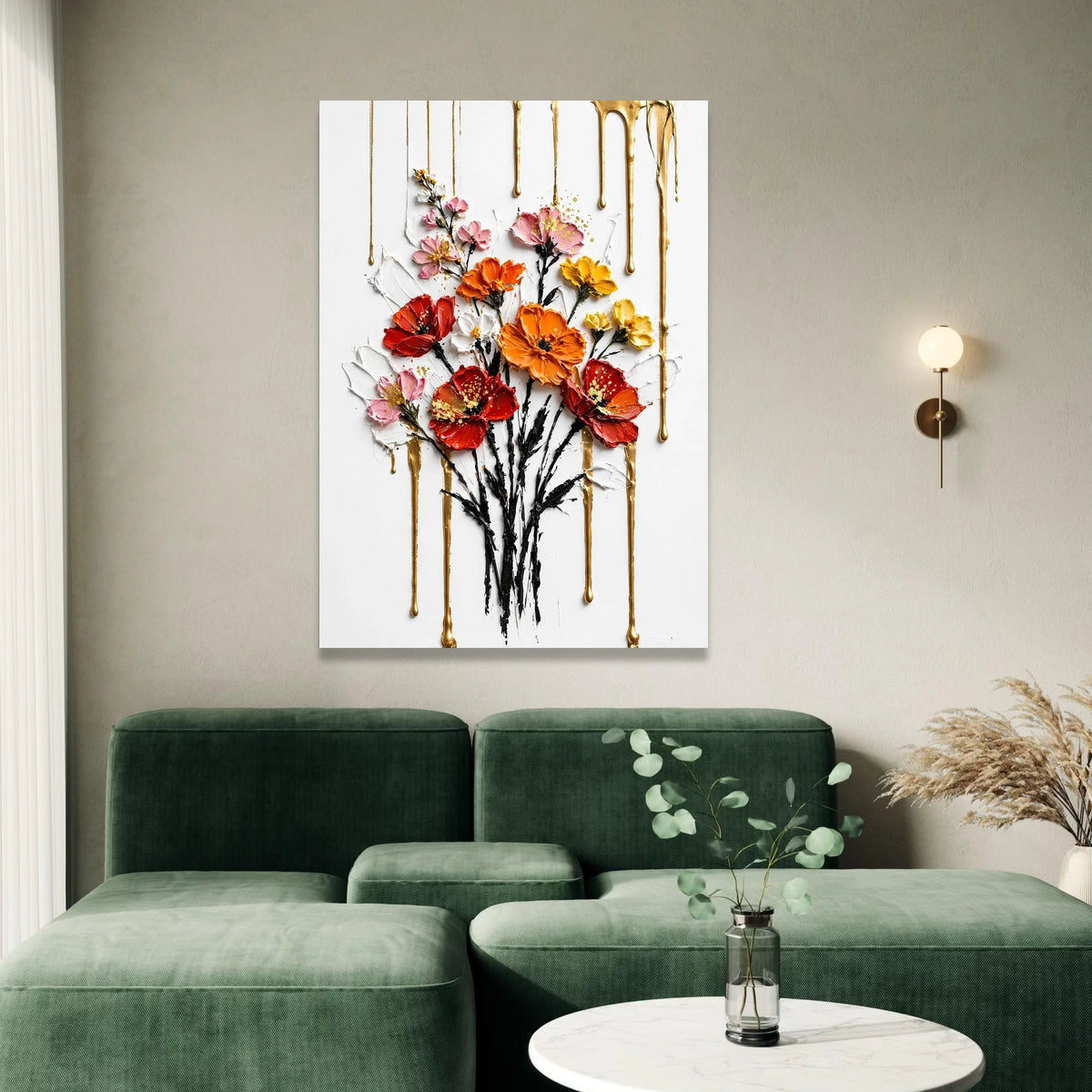 Vibrant Floral Bouquet Canvas Wall Art, Colorful Flowers with Gold Drips, Contemporary Home Decoration, Bright Flower Canvas Print Art