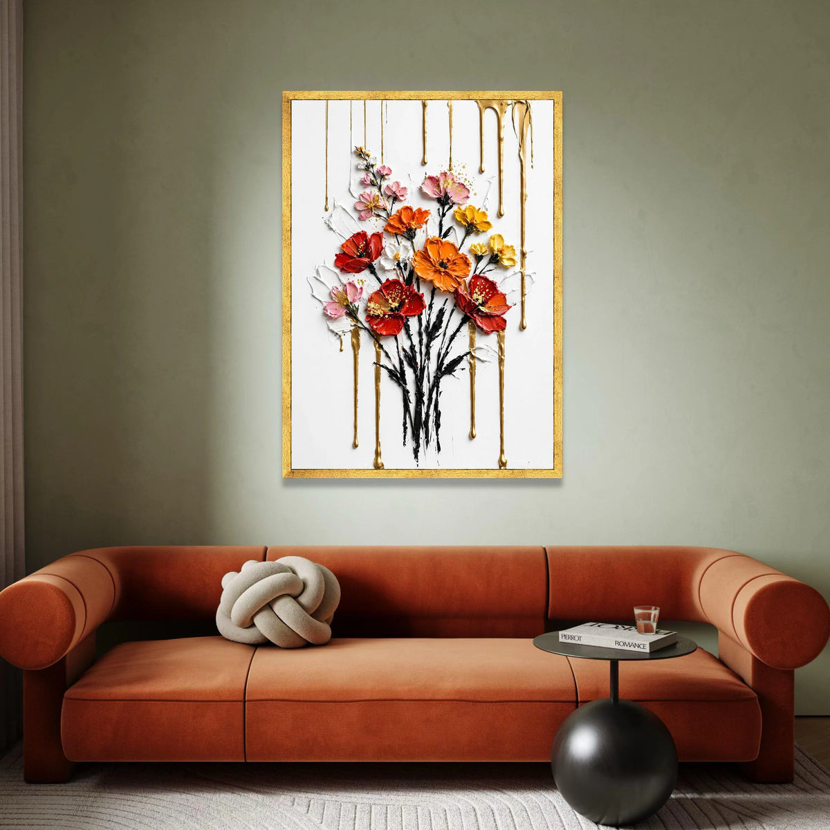 Vibrant Floral Bouquet Canvas Wall Art, Colorful Flowers with Gold Drips, Contemporary Home Decoration, Bright Flower Canvas Print Art